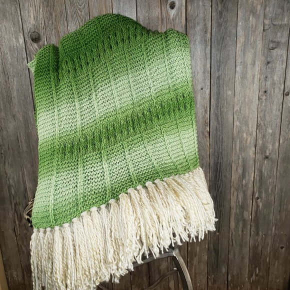 NEW Green Ombre Handmade Knitted Afghan Throw Knit Handmade Artisan Decor Gift - Picture 5 of 12